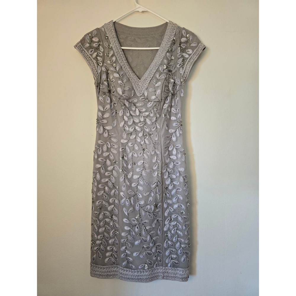 Sue Wong Dress Nocturne Gray Silver Sequins Mesh Formal Womens 4 Short Sleeve